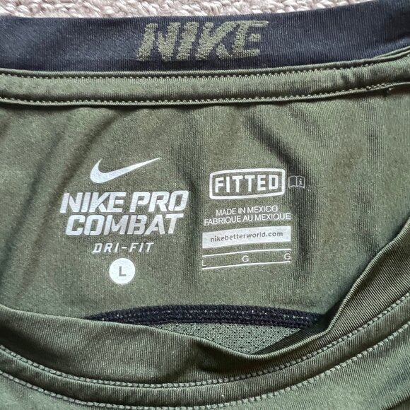 NIKE Dri-Fit Long Sleeve Pro Combat Shirt Olive Army Green & Black | Size L - Picture 2 of 9